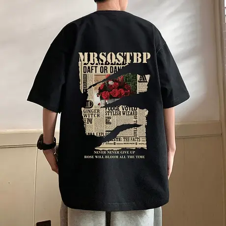 纯棉短袖t恤男夏季2024新款潮牌男装美式宽松玫瑰花情侣半袖体恤商品大图