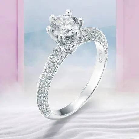 珂兰 白18K金钻石戒指经典六爪钻戒50分一克拉戒壁豪镶求婚戒指女图片