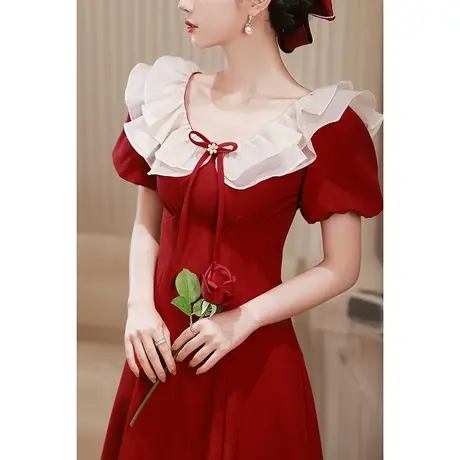 法式敬酒服新娘酒红色平时可穿夏季结婚订婚小礼服连衣裙仙气甜美图片