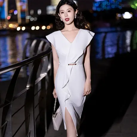 晚礼服女高级感晚宴无袖时尚白色性感鱼尾气质宴会连衣裙平时可穿图片
