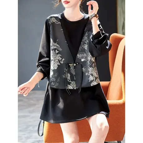 宝诗黎新中式印花拼接卫衣2024春季新款宽松显瘦中长款休闲上衣女商品大图