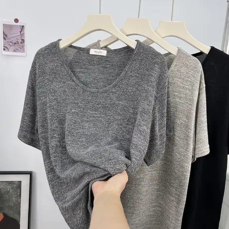 软软垂垂大圆领针织短袖t恤女 夏季薄款宽松显瘦简约纯色休闲上衣商品大图