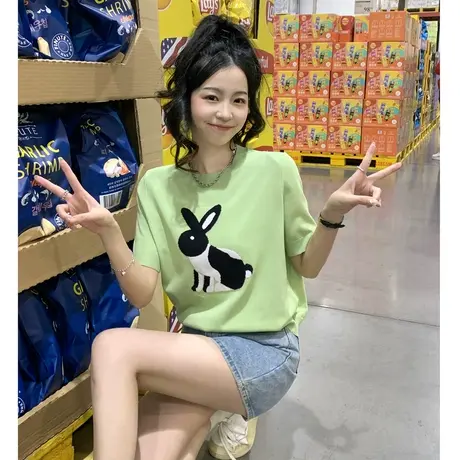 唐狮2023绿色短袖T恤女夏季新款短款针织上衣设计感别致甜美小衫x图片