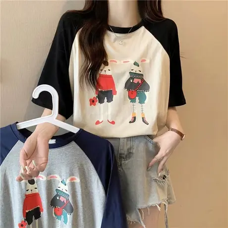 纯棉撞色插肩袖T恤女2024新款早春夏装宽松显瘦卡通短袖上衣体恤图片