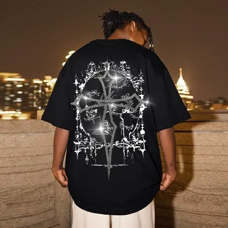 Nuthink西海岸高街十字架烫钻短袖宽松美式男T恤潮牌大码半袖夏季图片