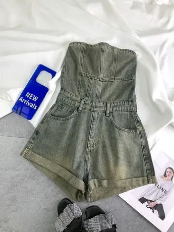 复古磨白卷边牛仔抹胸连体短裤2024春夏新款显瘦百搭美式阔腿短裤商品大图