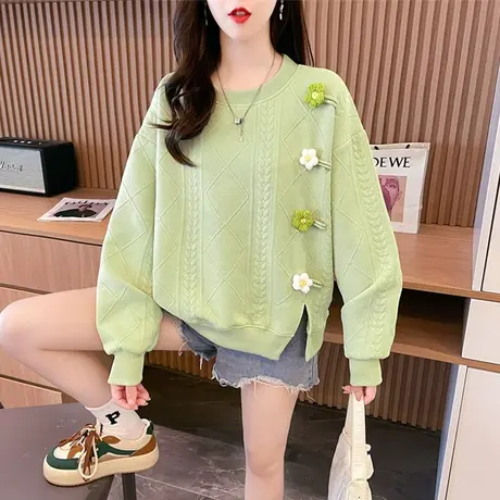 早春卫衣女春秋季韩版宽松大码女装薄款小个子肌理感开叉上衣外套商品大图