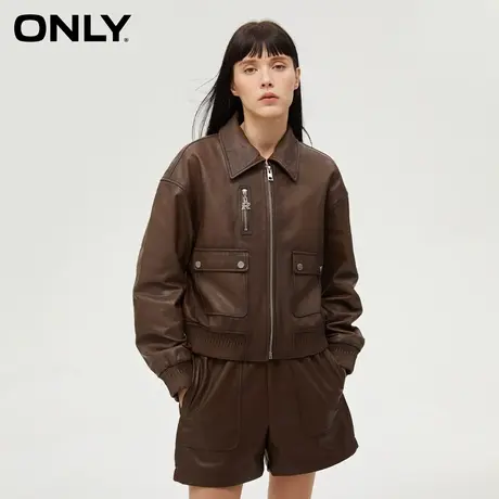 【上新】ONLY奥莱潮酷复古百搭短款翻领长袖夹克皮衣女商品大图