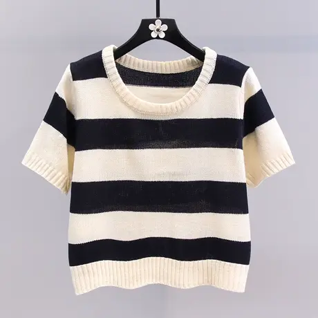 条纹短袖针织衫女夏季2023年新款日系小个子薄款套头内搭显瘦上衣图片