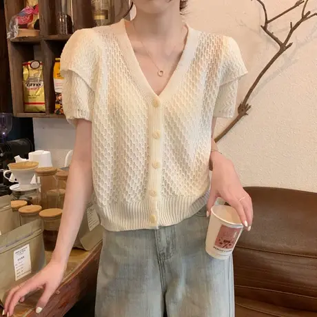 v领镂空设计感小众短袖针织衫女夏季短款正肩气质冰丝开衫t恤上衣商品大图