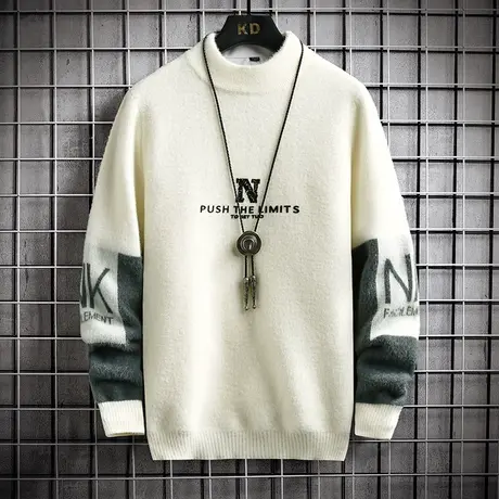 秋冬季水貂绒毛衣男半高领针织打底衫青少年加绒加厚保暖印花线衣图片