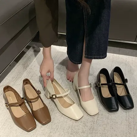 韩版气质粗跟玛丽珍鞋女2024新款春一字扣带温柔仙女百搭方头单鞋商品大图