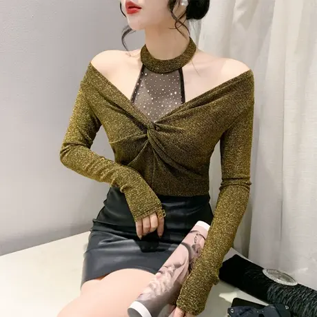 欧货网纱长袖T恤女装性感露肩挂脖扭结上衣气质百搭圆领打底衫潮图片