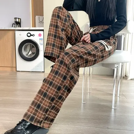 格子裤女春秋季2024新款高腰宽松显瘦拖地复古窄版直筒休闲阔腿裤商品大图