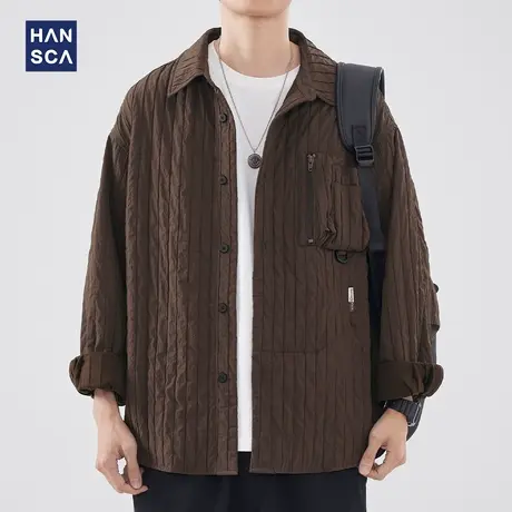 hansca褶皱衬衫男高级感长袖春季新款痞帅复古休闲设计感宽松衬衣图片
