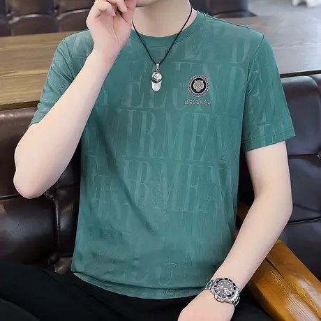 男士冰丝短袖t恤潮男圆领体恤男装速干上衣休闲暗纹潮流潮牌衣服商品大图