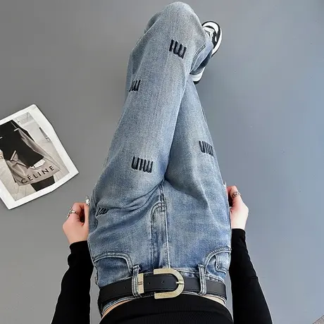 浅色窄版阔腿牛仔裤女2024年新款春秋复古宽松高腰显瘦刺绣直筒裤商品大图