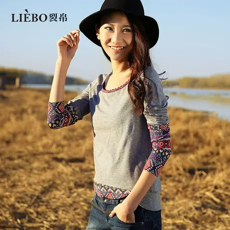 裂帛设计感复古拼接简约百搭修身民族风圆领休闲长袖T恤打底衫女图片