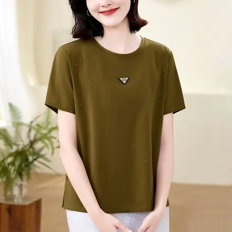 高级感纯棉t恤时尚夏款大码女装洋气中年妈妈重工烫钻短袖体恤衫商品大图