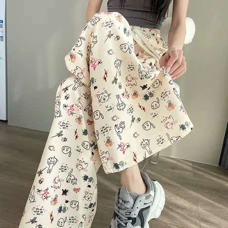 卡通印花休闲阔腿裤女2024春夏新款高腰宽松显瘦抽绳松紧腰拖地裤图片