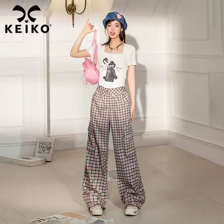 KEIKO 粉色显瘦格子阔腿裤夏季甜酷辣妹工装风高腰直筒拖地休闲裤图片