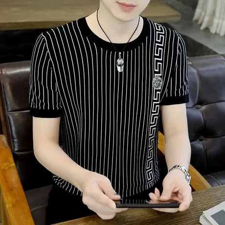 潮流夏季短袖针织t恤男 潮牌薄款冰丝上衣服凉感帅气圆领夏装体恤商品大图