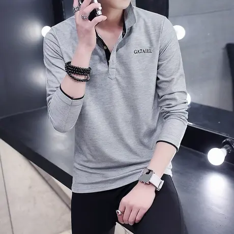 秋季男士薄款T恤长袖纯棉衬衫带领子衣服男装青年翻领打底polo衫商品大图