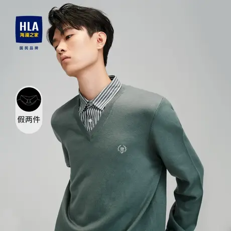 HLA/海澜之家双领针织衫秋冬款条纹衬衫领保暖中绿假两件毛衣男图片
