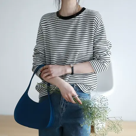 嘉茱莉2023新款条纹T恤打底衫女内搭时尚洋气时髦长袖ins超火上衣商品大图