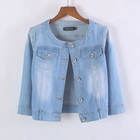 牛仔外套女春秋短款修身新款显瘦七分袖牛仔服上衣圆领弹力39商品大图