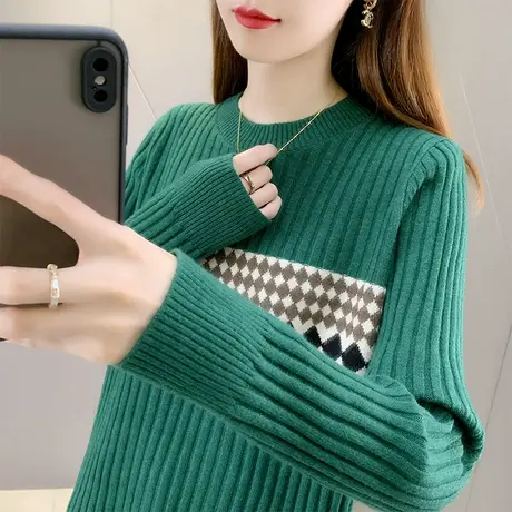 2022年新款针织衫女圆领夹色长袖套头毛衣保暖内搭打底百搭上衣图片