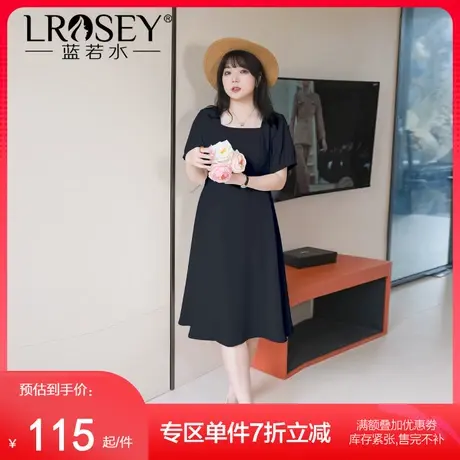 蓝若水大码法式赫本风方领中长裙胖mm夏装气质显瘦雪纺连衣裙女商品大图