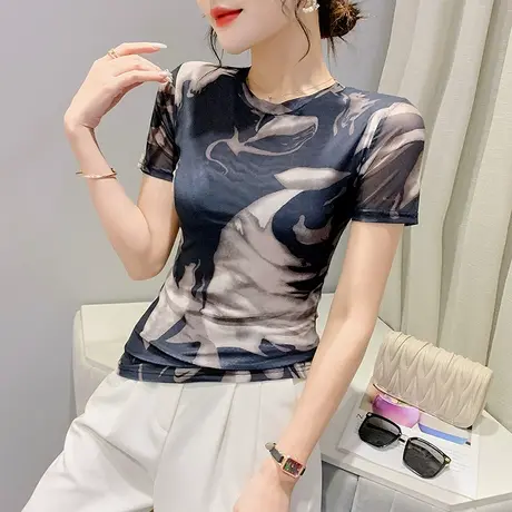 女装2023新款潮网纱短袖T恤洋气百搭修身显瘦上衣撞色扎染小衫夏商品大图