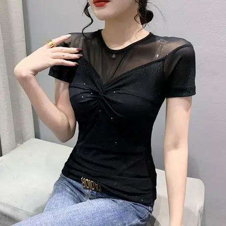 性感网纱T恤女短袖2023夏季新款欧货设计感扭结上衣气质紧身小衫商品大图