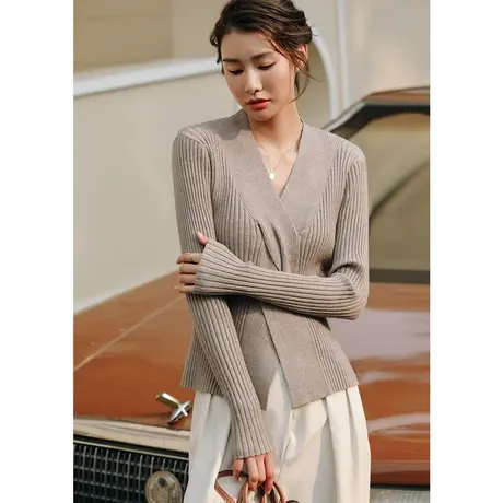 弥古交叉v领针织衫女修身长袖设计感上衣坑条毛衣打底衫内搭秋冬商品大图