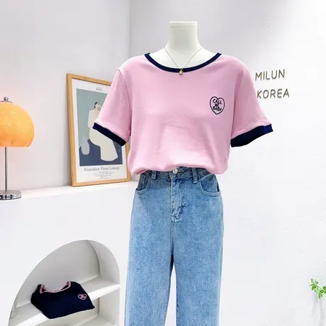 小个子修身短袖上衣2023夏季新款韩版ins爱心正肩纯棉螺纹T恤气质图片