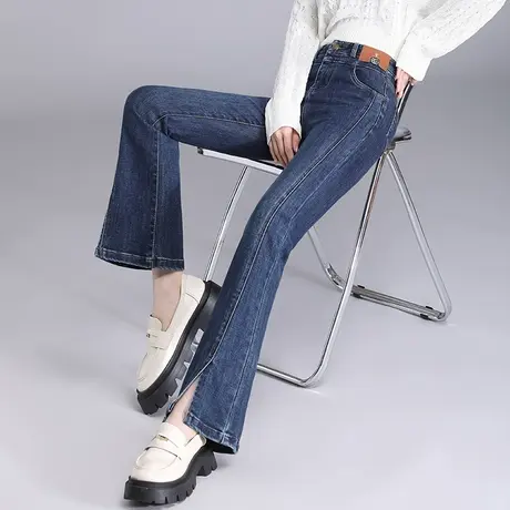 牛仔开叉鱼尾裤女秋季高腰弹力收腹显瘦微喇裤时尚中老年妈妈裤潮图片