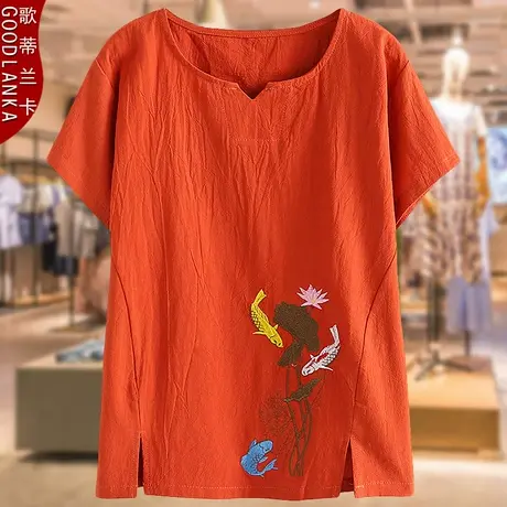 母亲节礼物中年妈妈绣花短袖T恤洋气时尚加肥加大码女装夏季上衣商品大图