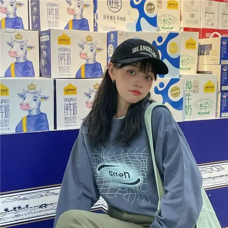 红续长袖T恤女2023新款宽松韩版ins慵懒风设计感小众学生纯棉上衣图片