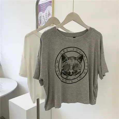 欧美风夏季莫代尔露脐罩衫女木代尔可爱猫咪印花宽松T恤女AA风短T商品大图