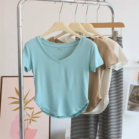 纯欲风~紧身短款莫代尔t恤女短袖高腰v领瑜伽舞蹈服健身运动上衣商品大图