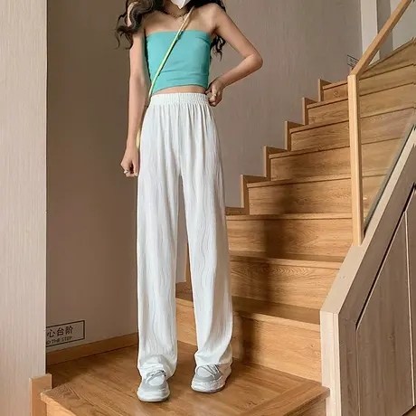 白色高腰拖地阔腿裤女夏季宽松显瘦高级垂感立体水波纹理休闲长裤图片