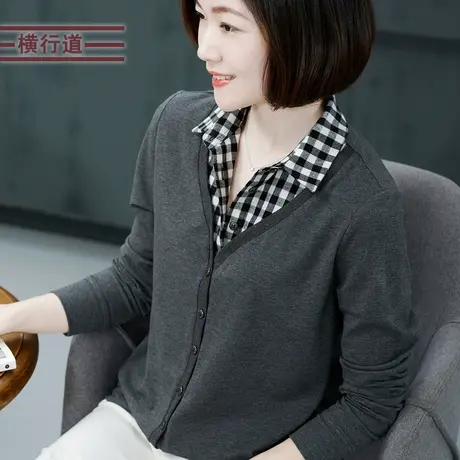 2023女装假两件衬衫领宽松t恤冬季上衣服打底衫拼接妈妈中年冬装图片