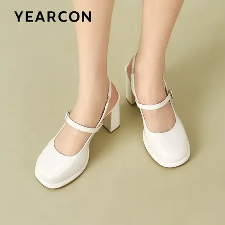 意尔康粗跟包头凉鞋女夏2023法式复古一字带玛丽珍鞋中后空高跟鞋商品大图