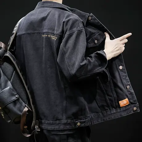 黑色牛仔外套男春秋季ins潮高级感宽松大码加肥加大工装夹克秋季商品大图