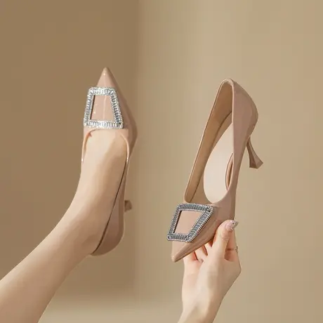 2023年夏季新款女单鞋水钻纯色尖头法式气质仙女风浅口细跟高跟鞋商品大图