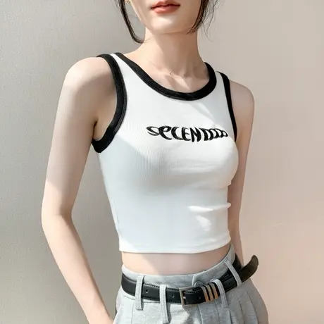 吊带运动背心女2023夏季露脐修身性感小衫字母刺绣无袖打底衫短款商品大图