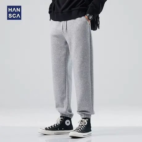 hansca重磅束脚卫裤男春秋款宽松潮牌灰色美式休闲运动针织裤子男图片