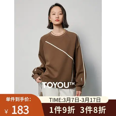 TOYOUTH初语撞色织带拼接圆领卫衣女2024年春季新款抽绳宽松上衣图片