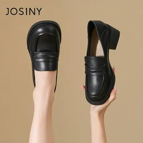 Josiny乐福鞋女2023年新款春季中跟粗跟单鞋法式女鞋一脚蹬小皮鞋商品大图